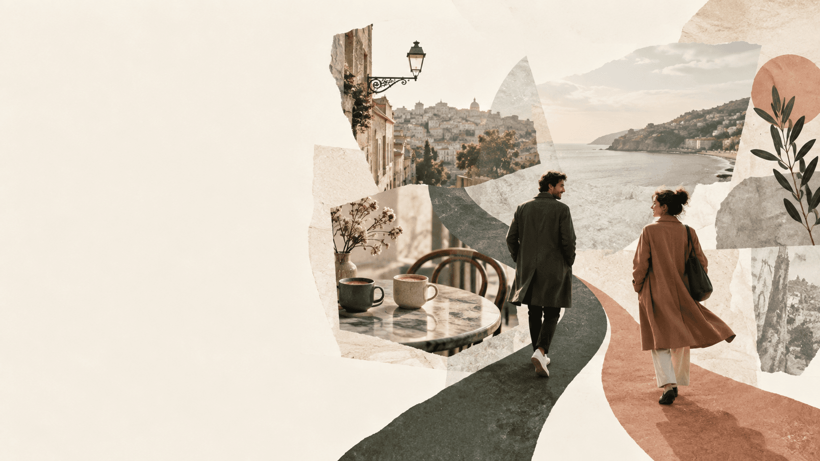 Editorial collage of a city walk, coffee table, shoreline, and two people moving toward one another