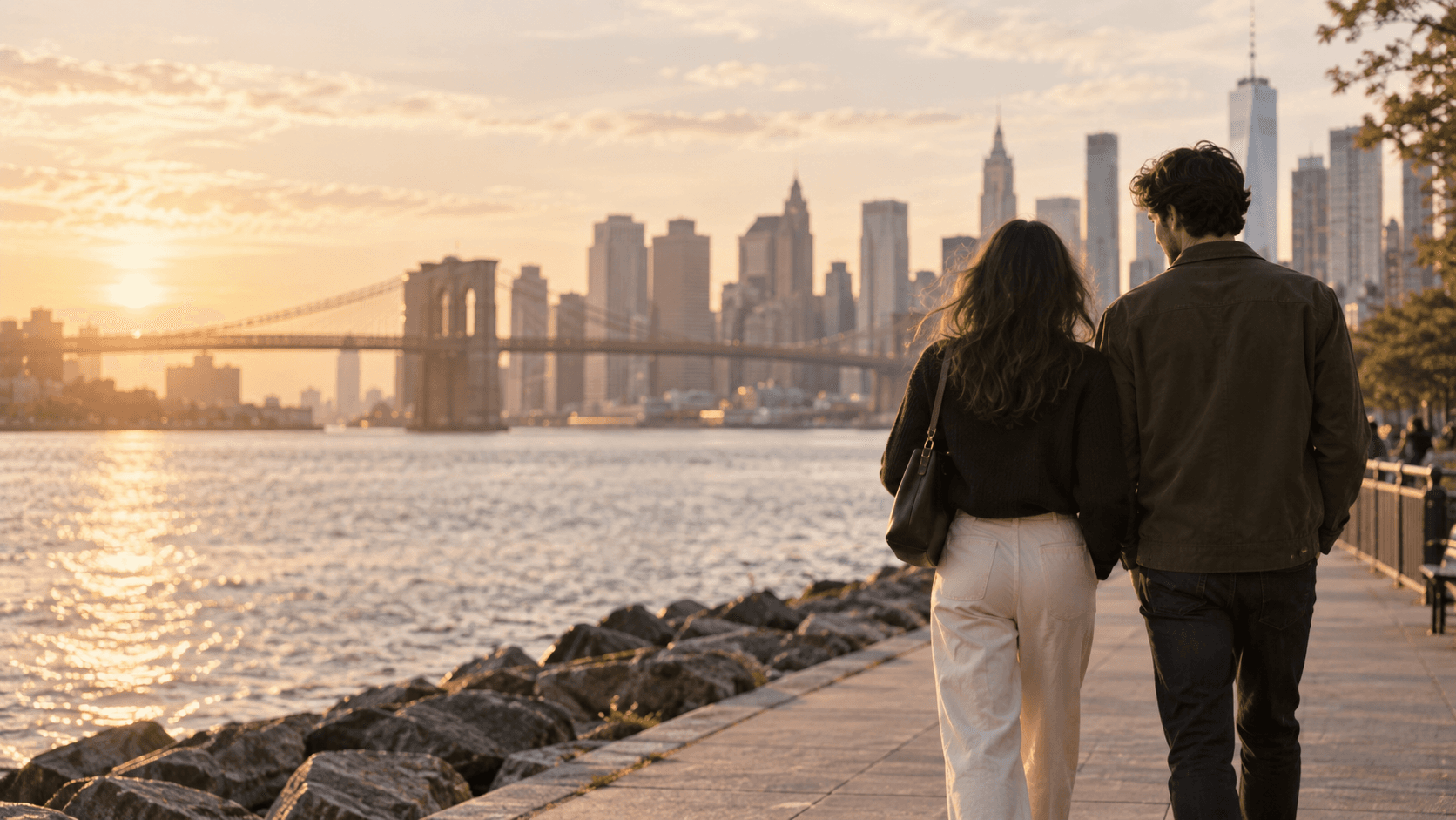 Two people walking together beside the Brooklyn waterfront at golden hour